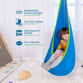 OUTREE Blue Kids Hammock Chair shown in indoor outdoor reading nook