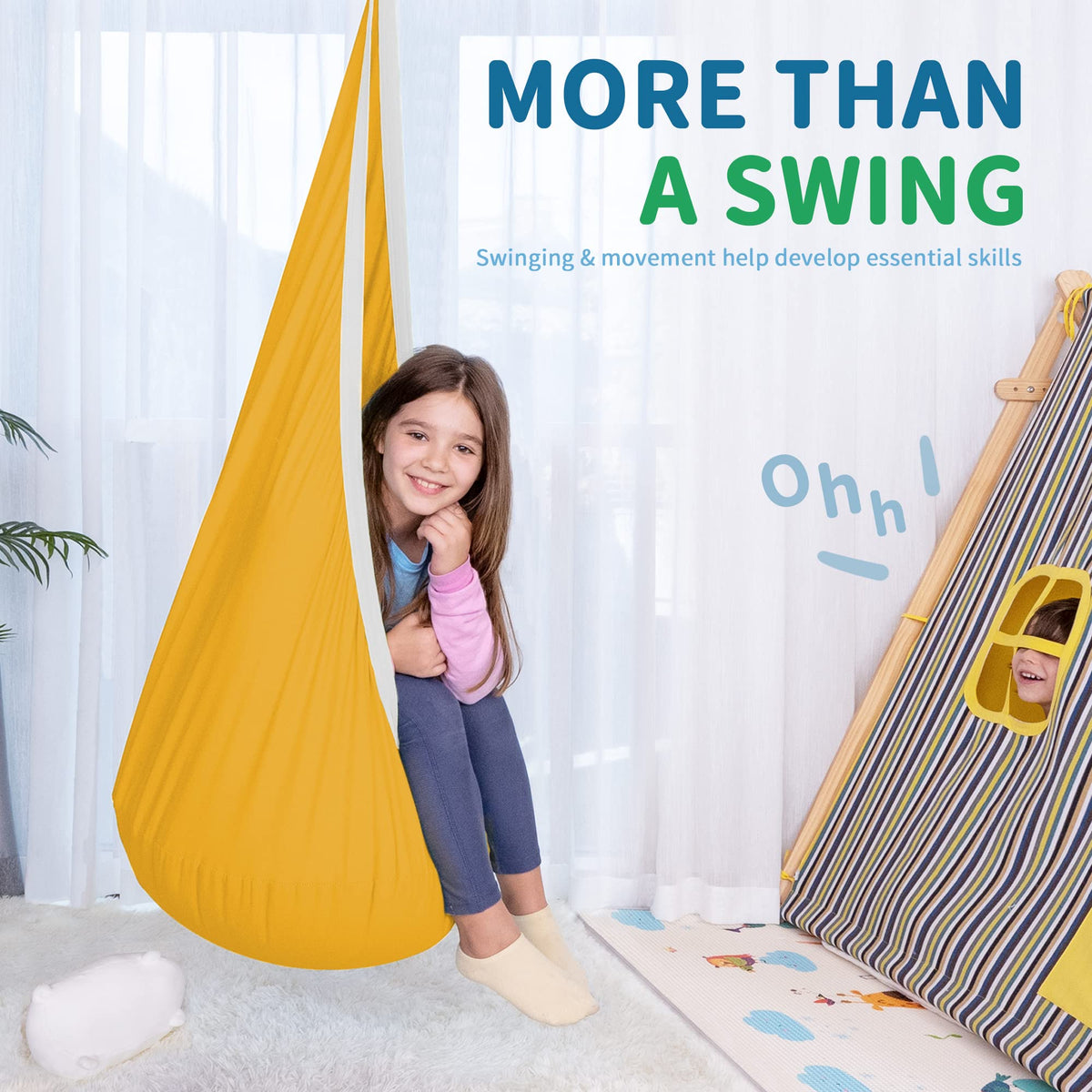 OUTREE Indoor/outdoor pod swing used as cozy reading nook
