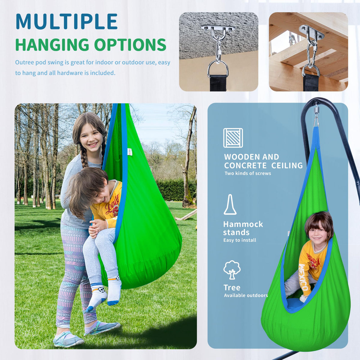 OUTREE Kids Pod Swing Seat cotton-canvas texture highlights soft, breathable comfort.
