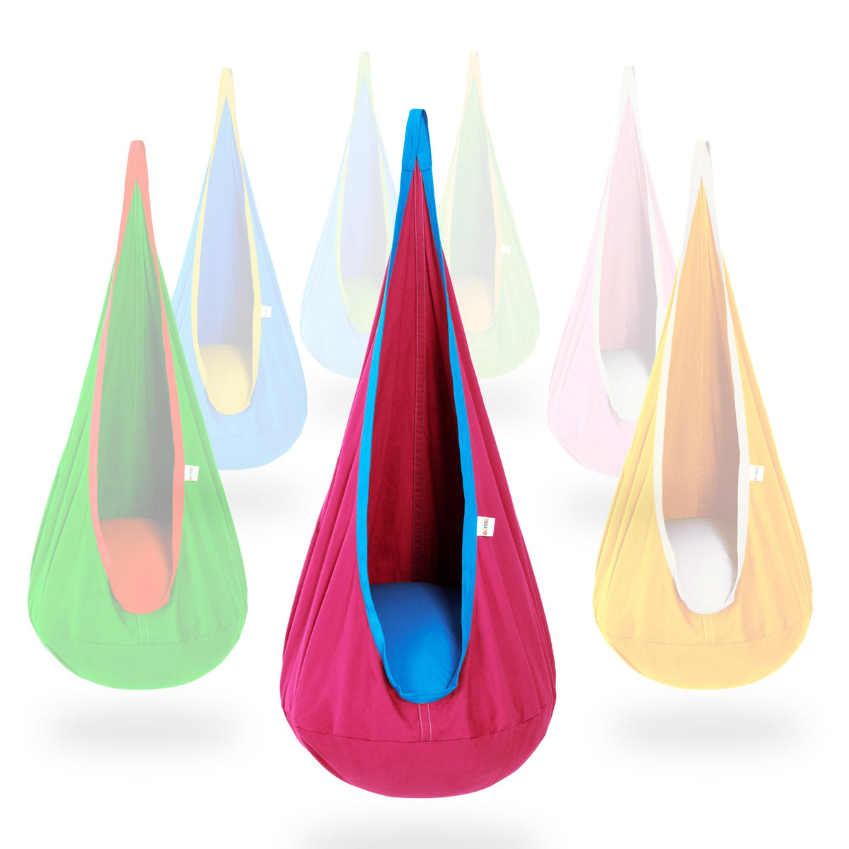 OUTREE Kids Pod Swing Seat in pink and blue, a cozy sensory nook.