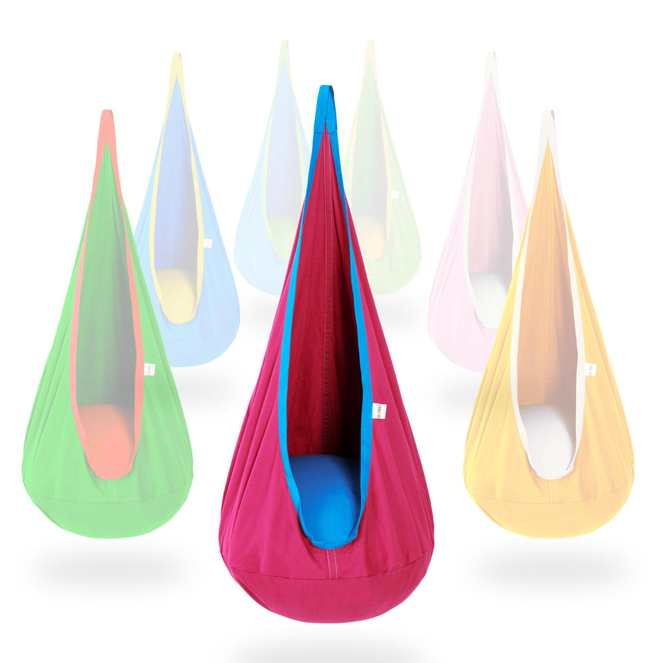 OUTREE Kids Pod Swing Seat in pink and blue, a cozy sensory nook.