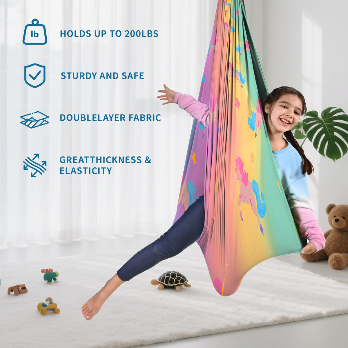 OUTREE sensory swing shows 360-degree swivel hanger for flexible positioning.