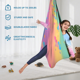 OUTREE sensory swing shows 360-degree swivel hanger for flexible positioning.