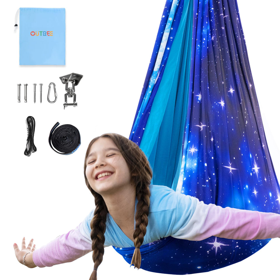 OUTREE Sensory Swing with blue starry sky print promotes calm play for kids.