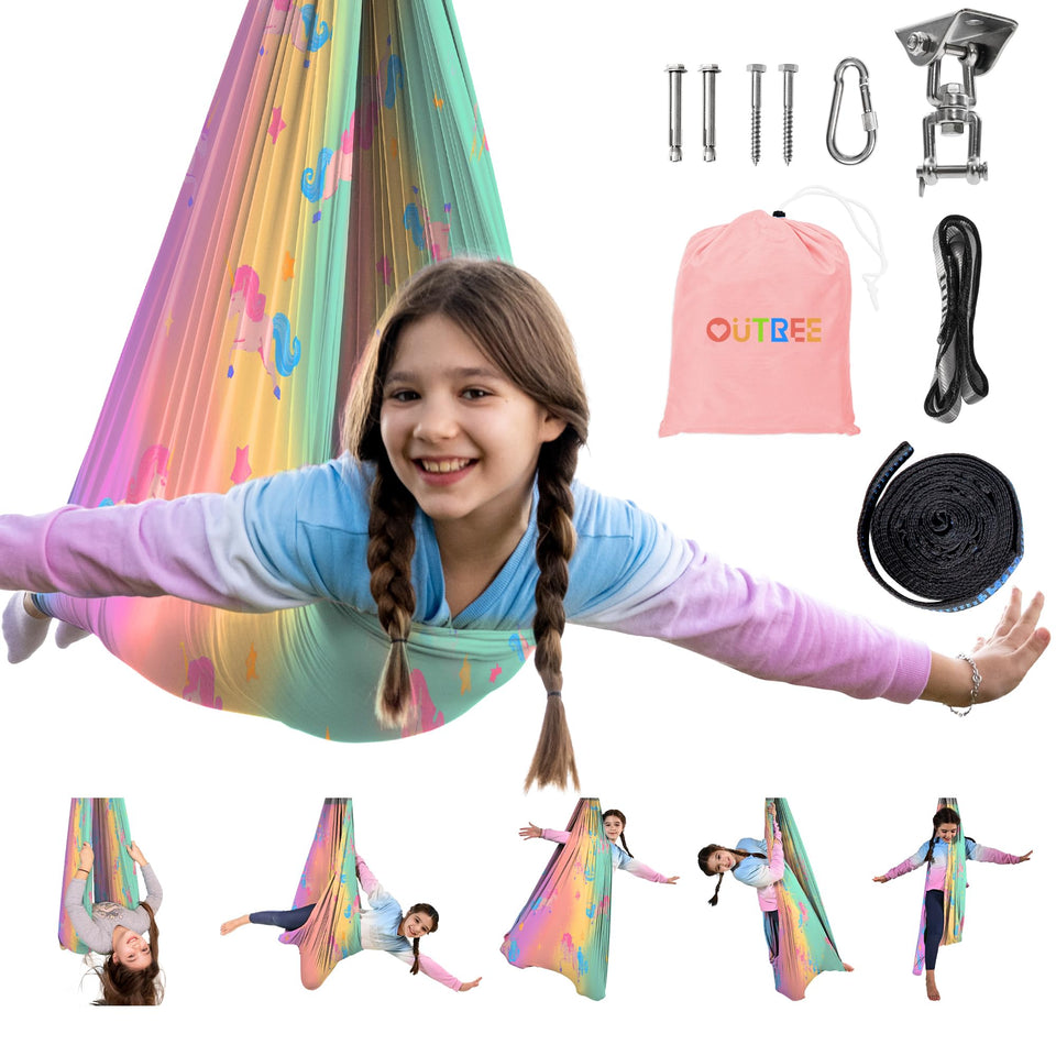 OUTREE sensory swing with unicorn print offers calming, imaginative play for kids.