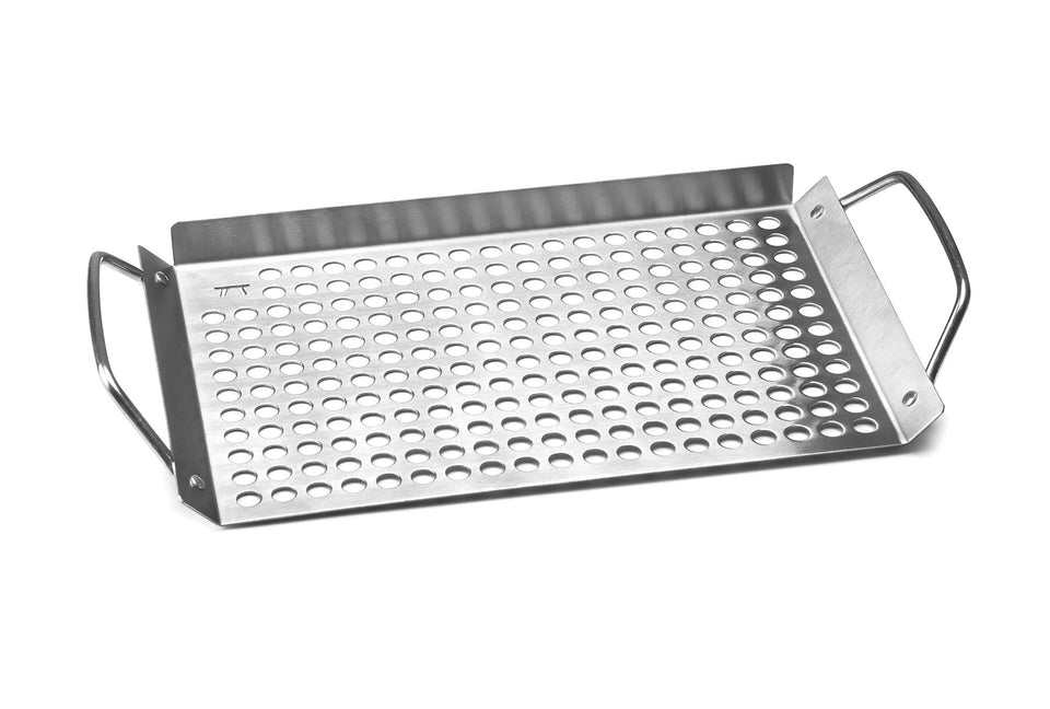 Outset grill topper grid 11x7 with handles for easy transport and safe cooking of small items.