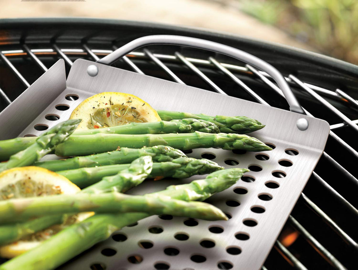 Outset small 11x7 grill topper grid keeps bite-sized items secure on the grill.