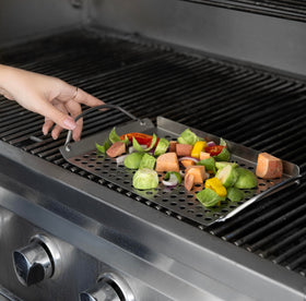 Outset grill topper with built-in handles for easy lifting and transfer.
