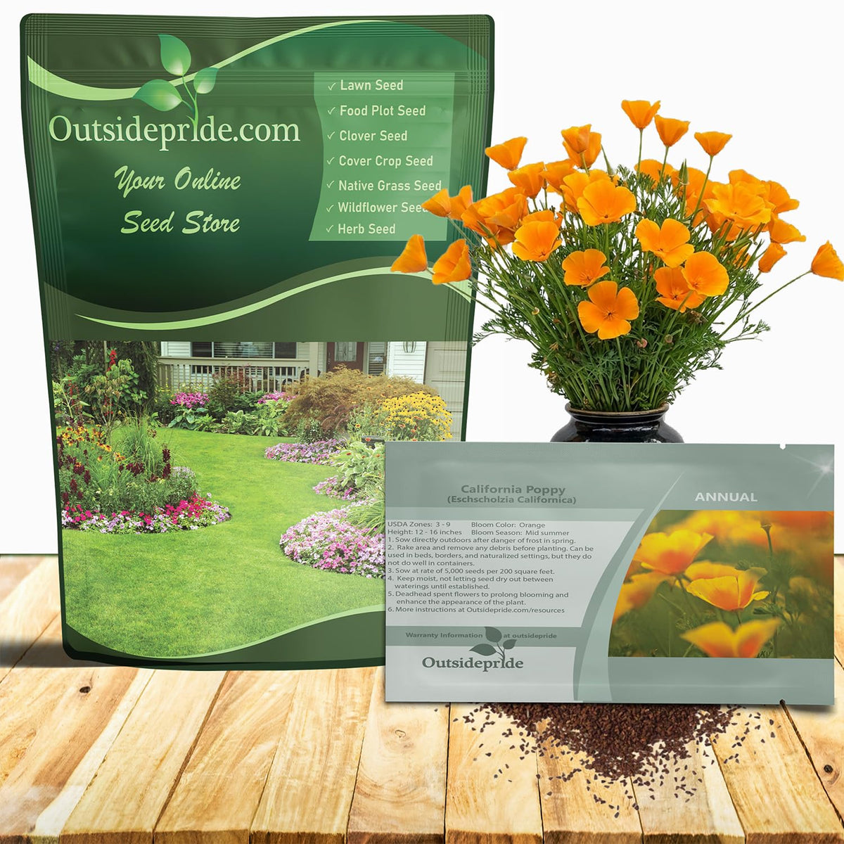 Outsidepride California poppy seeds pack-front ready for sun-loving wildflower beds.