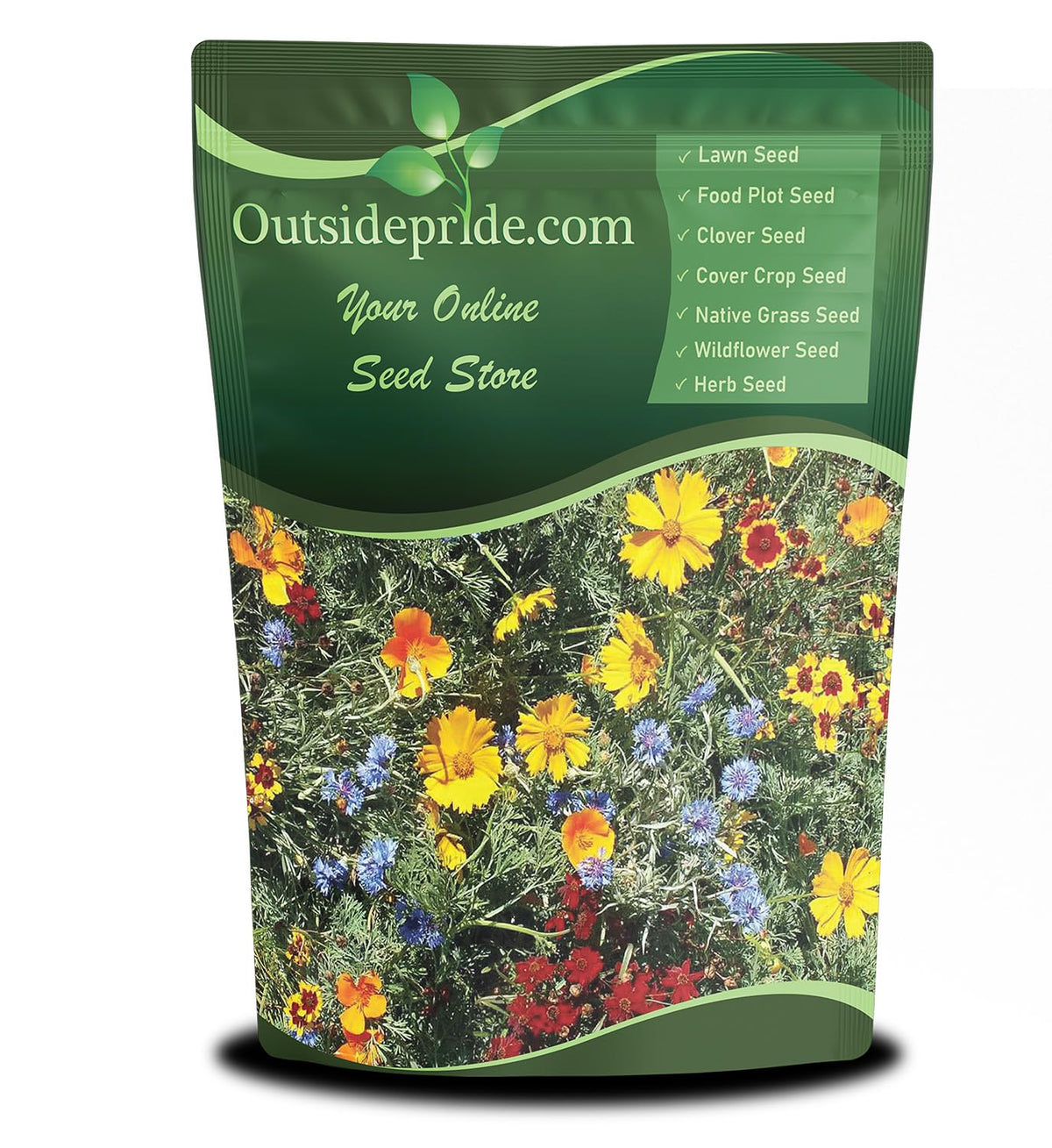 Outsidepride Gulf Coast wildflower seed mix packet promotes sun-loving color.