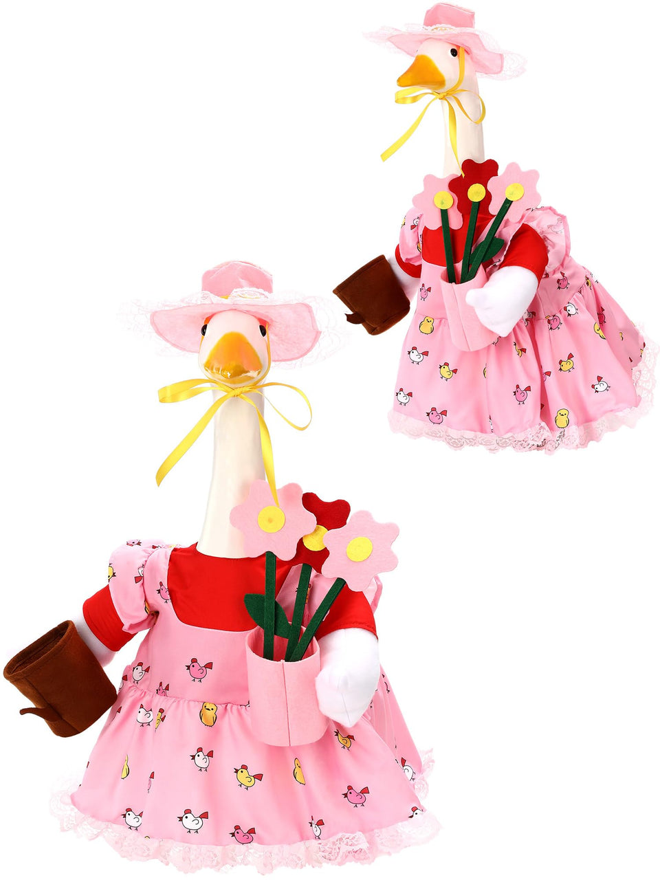 Outus Gardener Goose outfit with lace pink apron adds festive curb appeal.