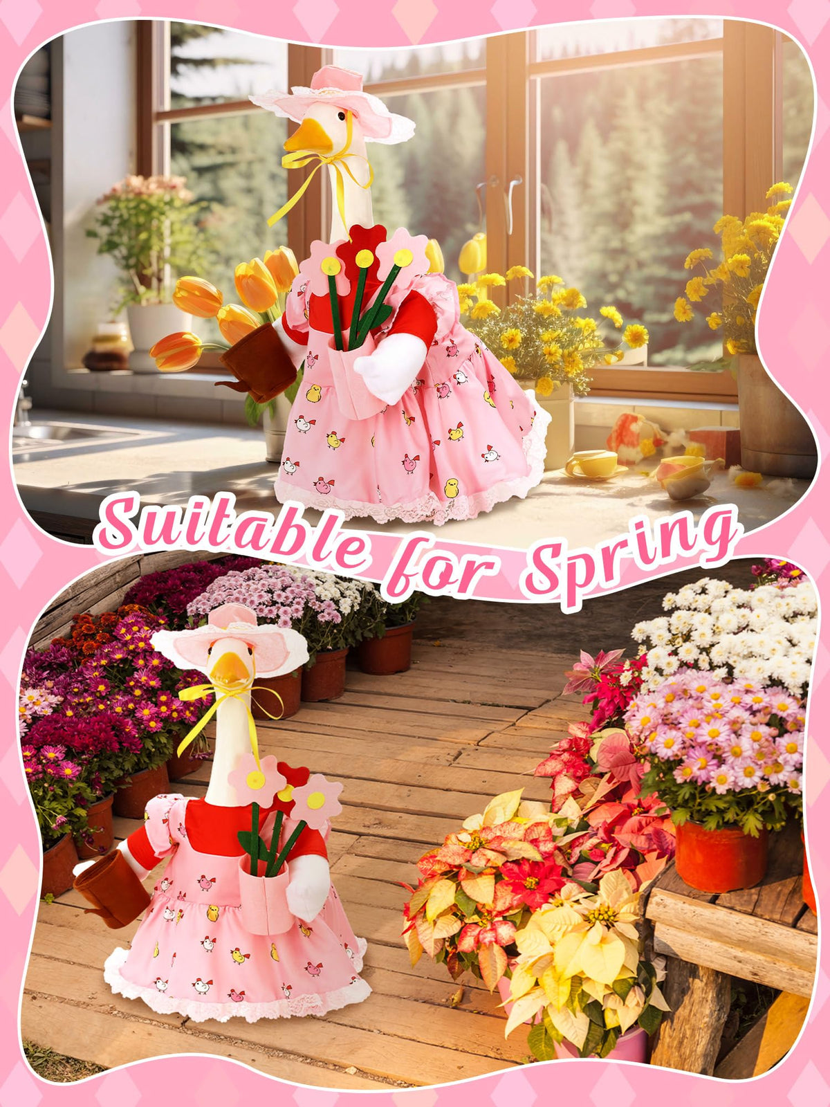 Outus Gardener Goose sun hat brightens porch garden display.