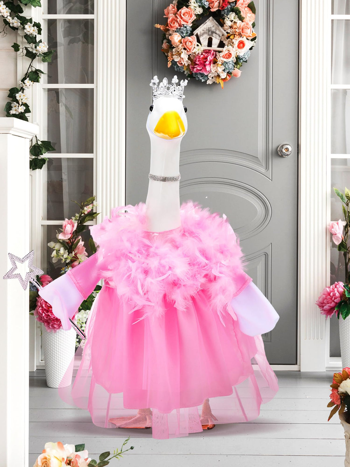 Outus princess goose crown adds charming color to outdoor yard displays.