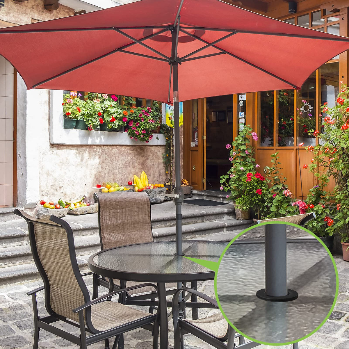 Outus stabilizer sleeve for patio umbrellas enhances stability.