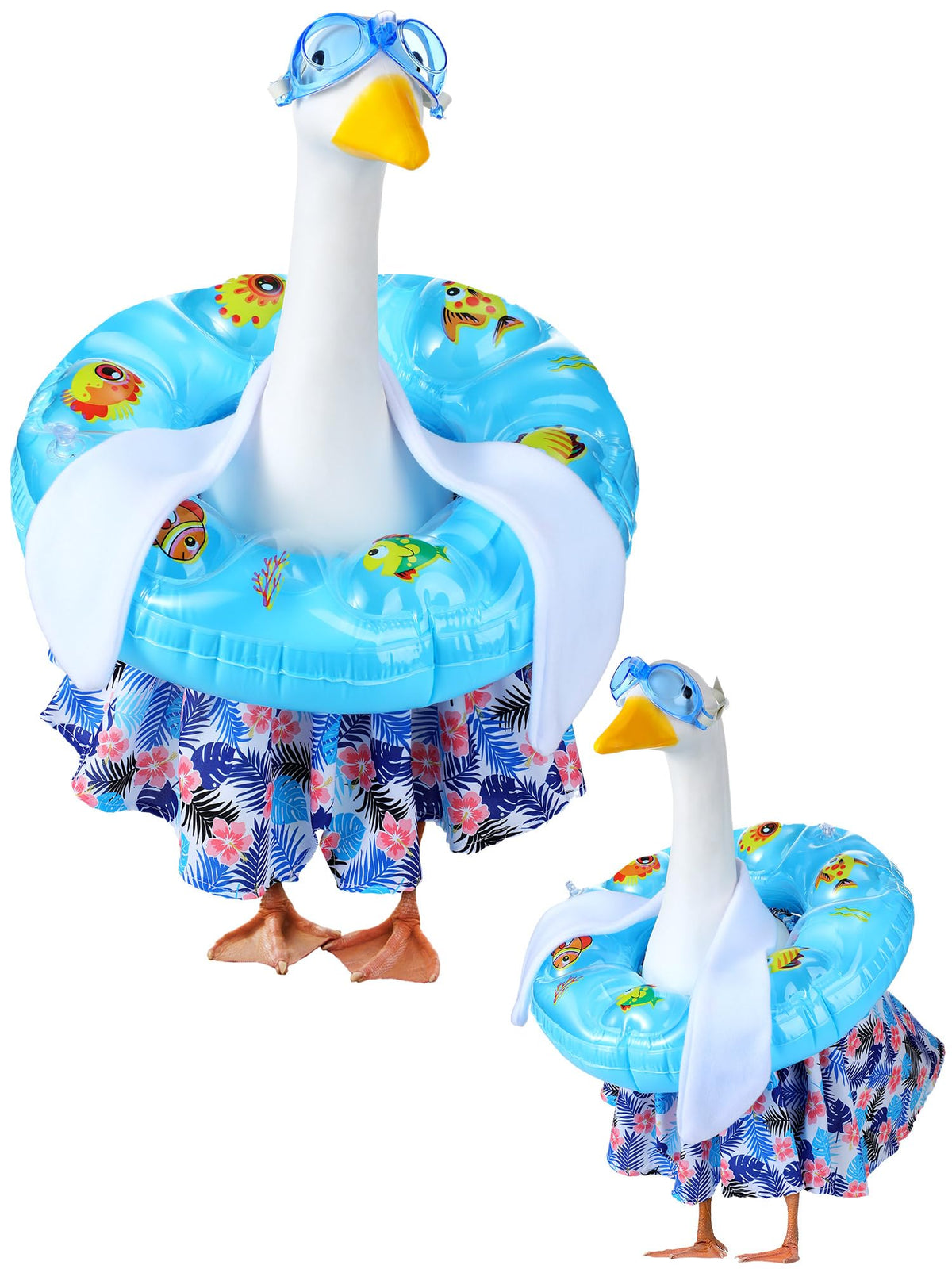 Outus summer goose outfit with goggles adds playful porch decor for poolside fun