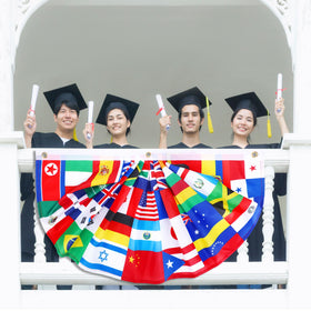 Outus world flags banner creates inclusive ambience for international events.