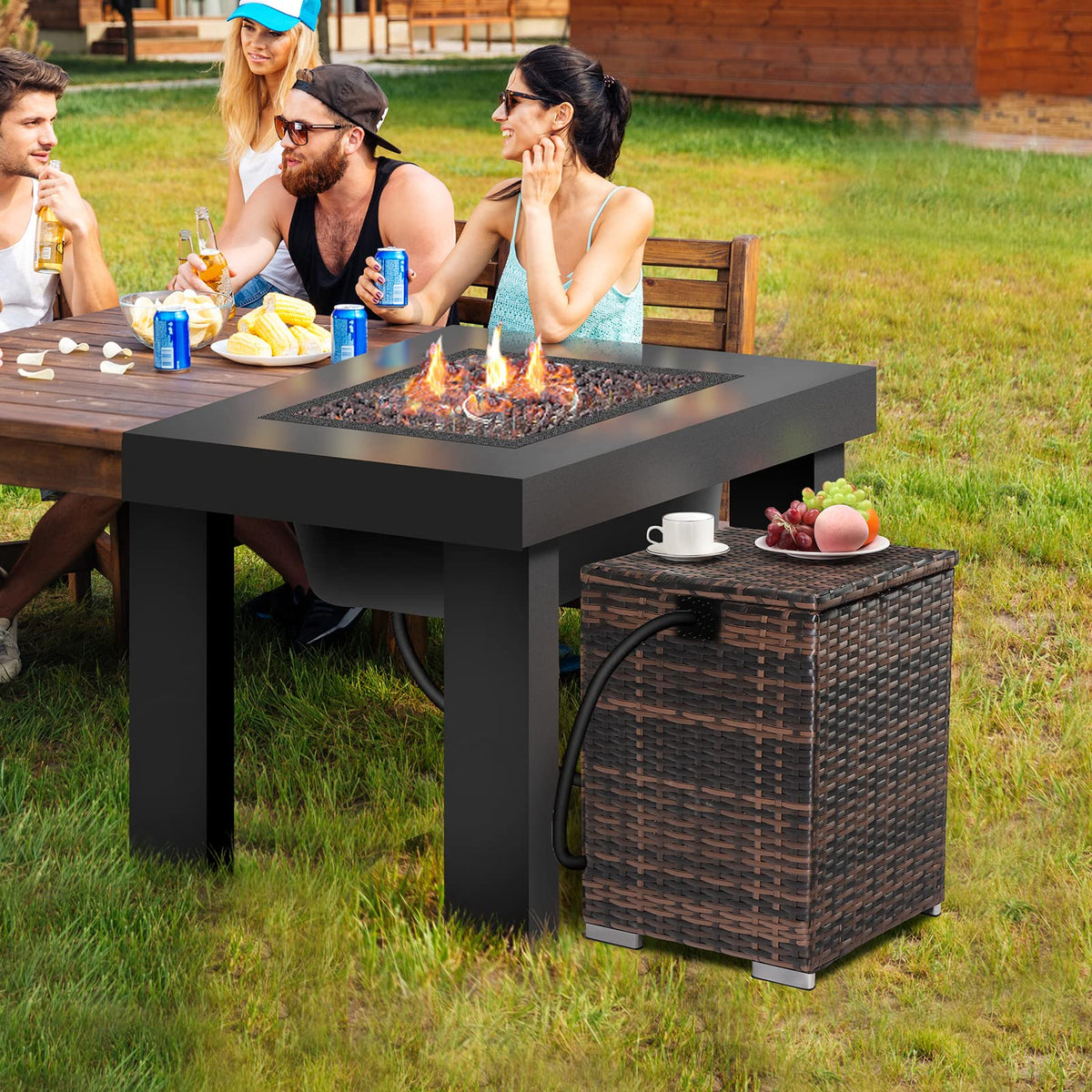 Outvita gas tank storage box anti-rust rattan in outdoor setting.