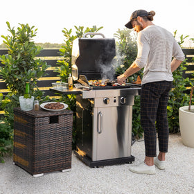 Outvita gas tank storage box outdoor patio use with fire pit.