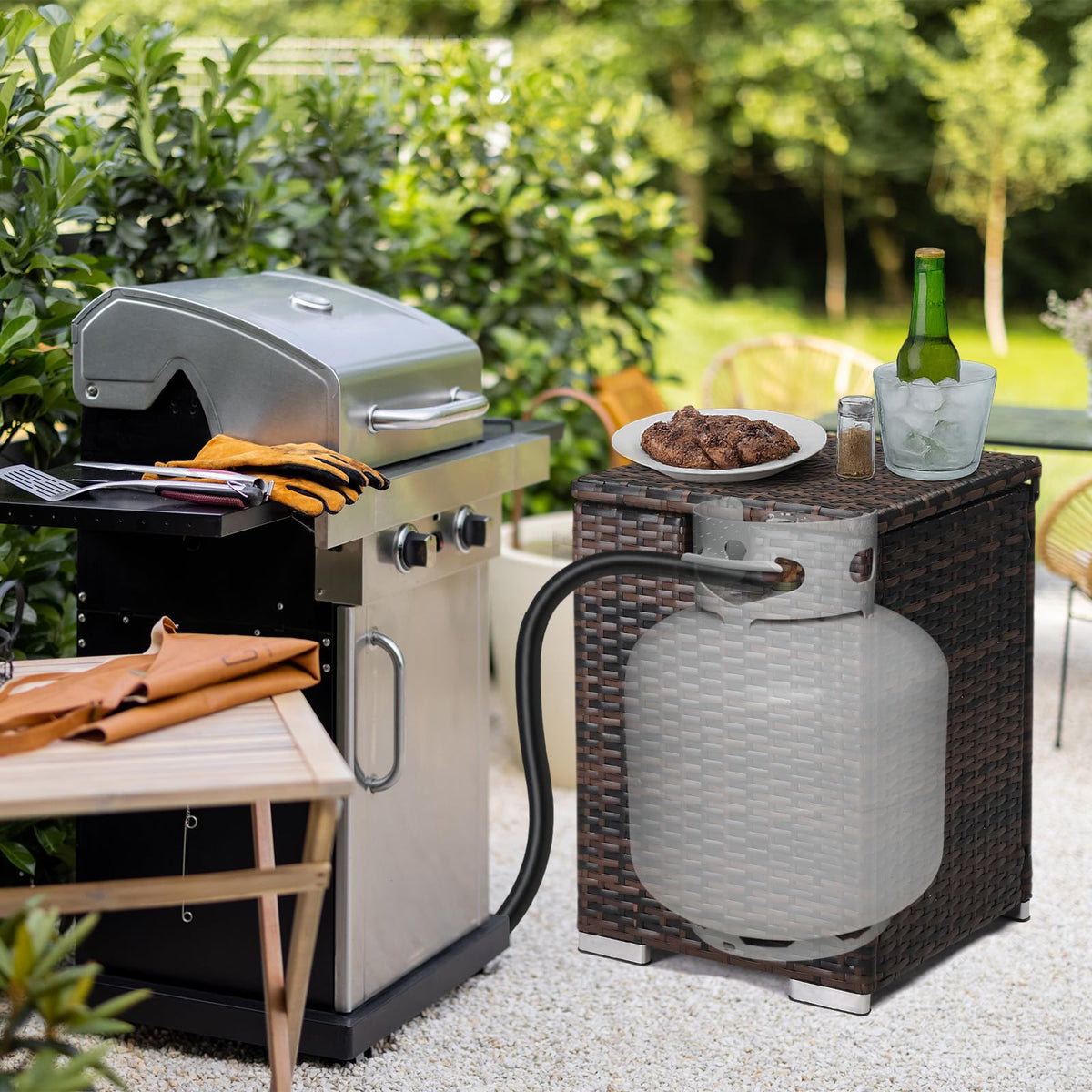Outvita gas tank storage box side view highlighting durable rattan and sturdy frame.