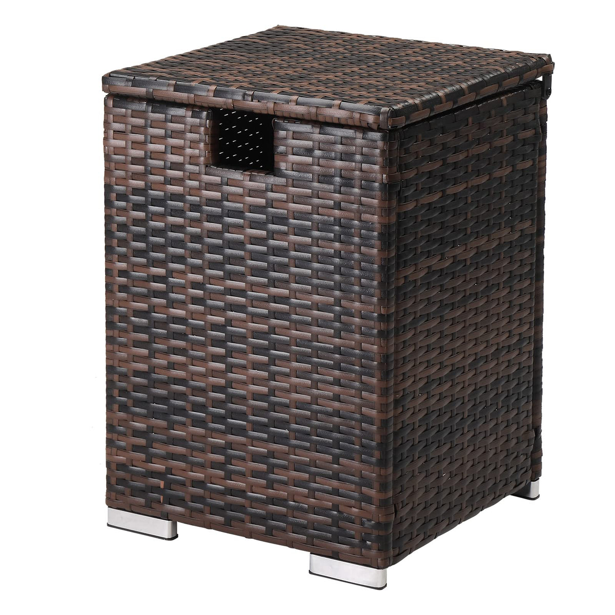 Outvita gas tank storage box top view showing hidden propane space for outdoor tables.