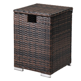 Outvita gas tank storage box top view showing hidden propane space for outdoor tables.