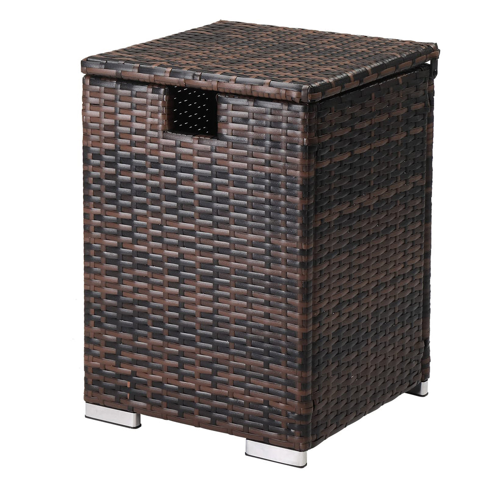 Outvita gas tank storage box top view showing hidden propane space for outdoor tables.