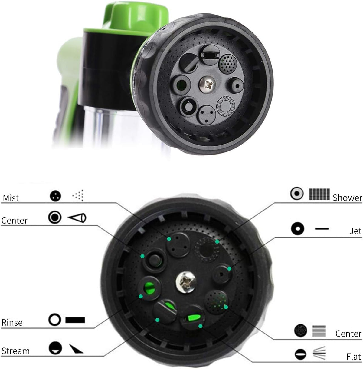OUTWAY nozzle showing four connection ports for faucet compatibility