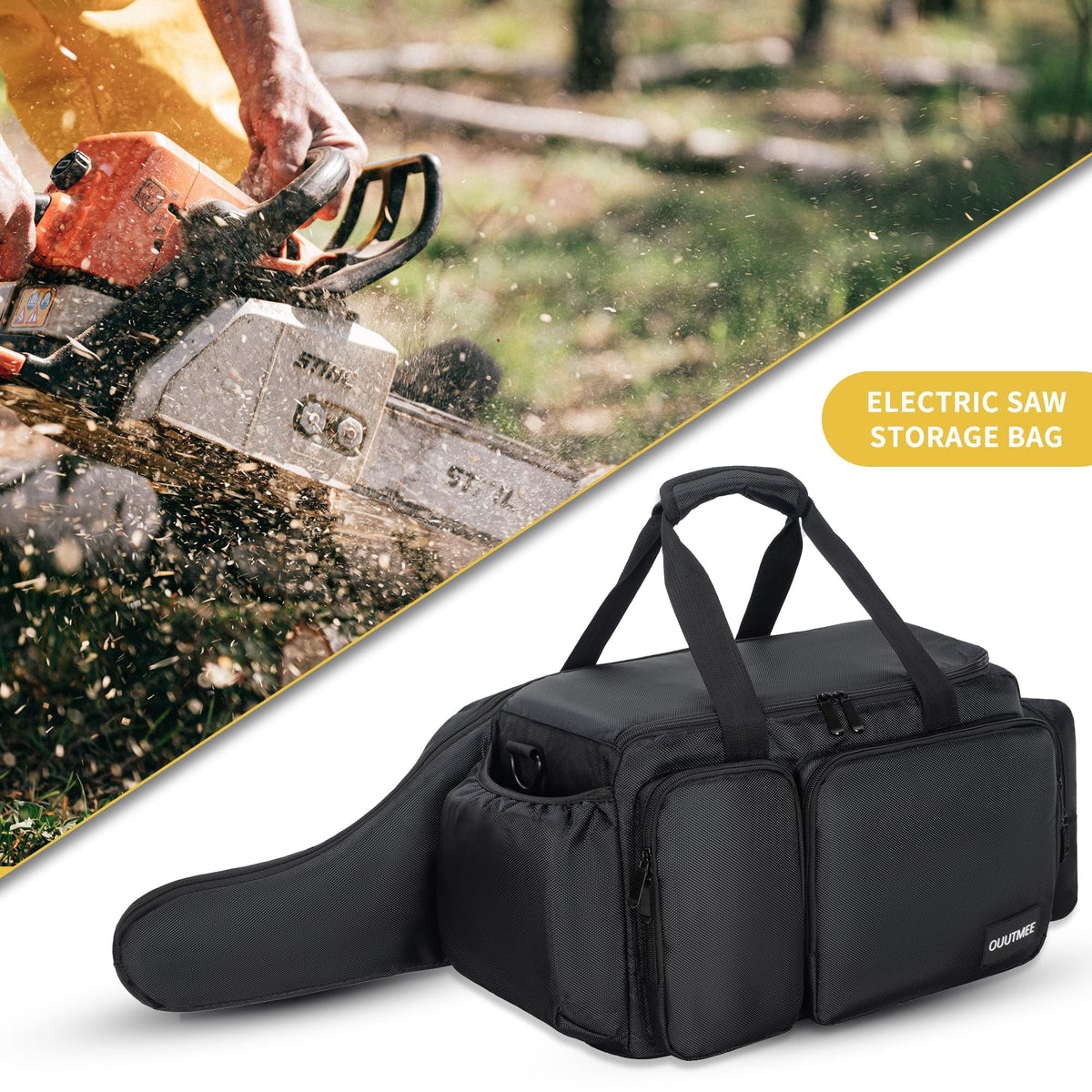 OUUTMEE chainsaw case interior offers organized space for oil, batteries, and gloves.