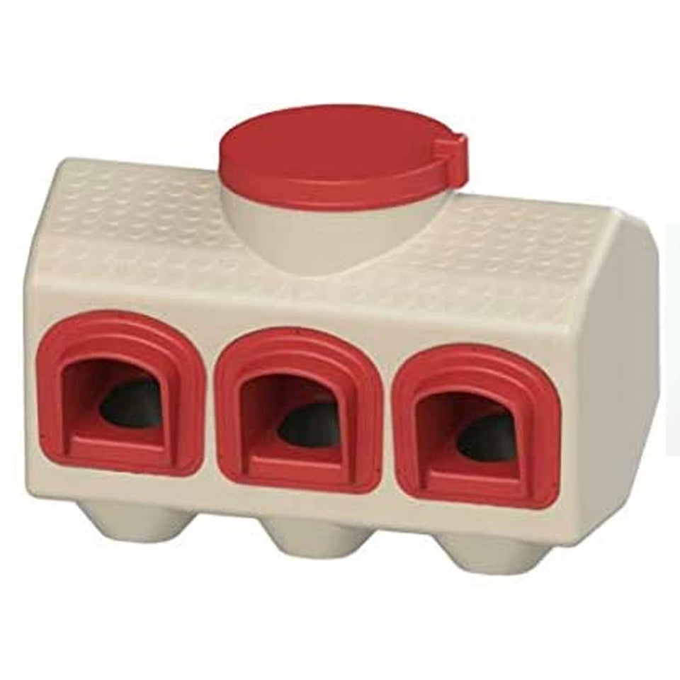 OverEZ Chicken Feeder 50-pound capacity showing large storage and reduced waste.