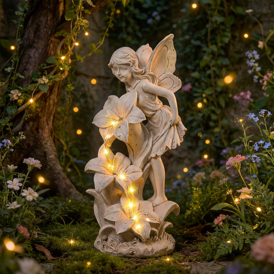 Ovewios angel garden statue with solar-powered LED light brightening night gardens