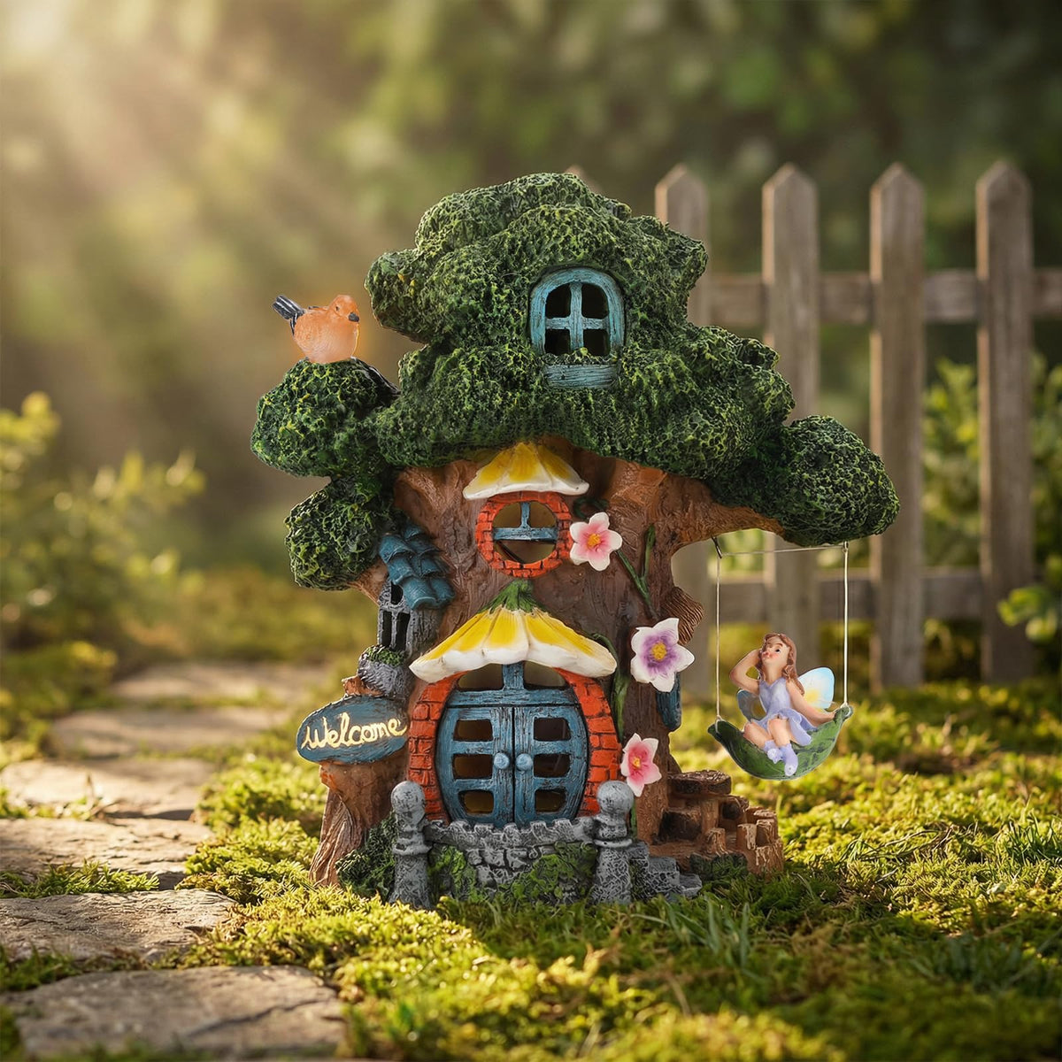 Ovewios fairy figurines with solar lights brighten garden paths.