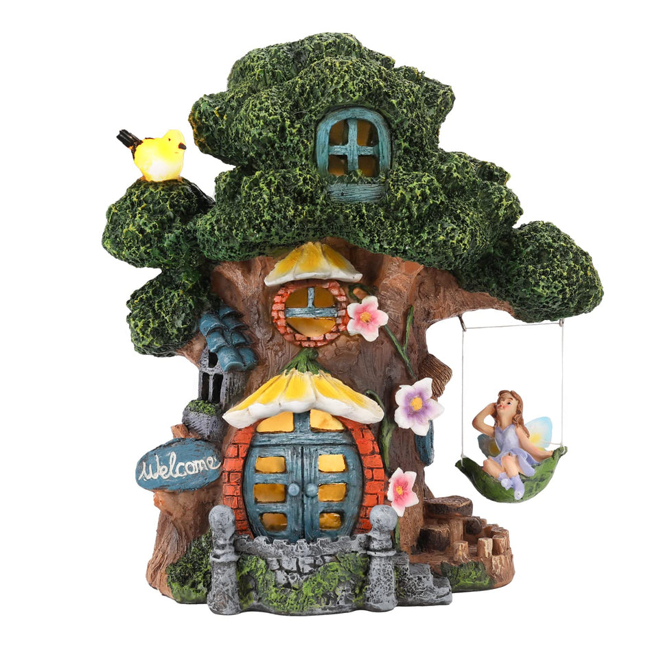 Ovewios fairy house in a garden tree scene adds whimsy to outdoor spaces.