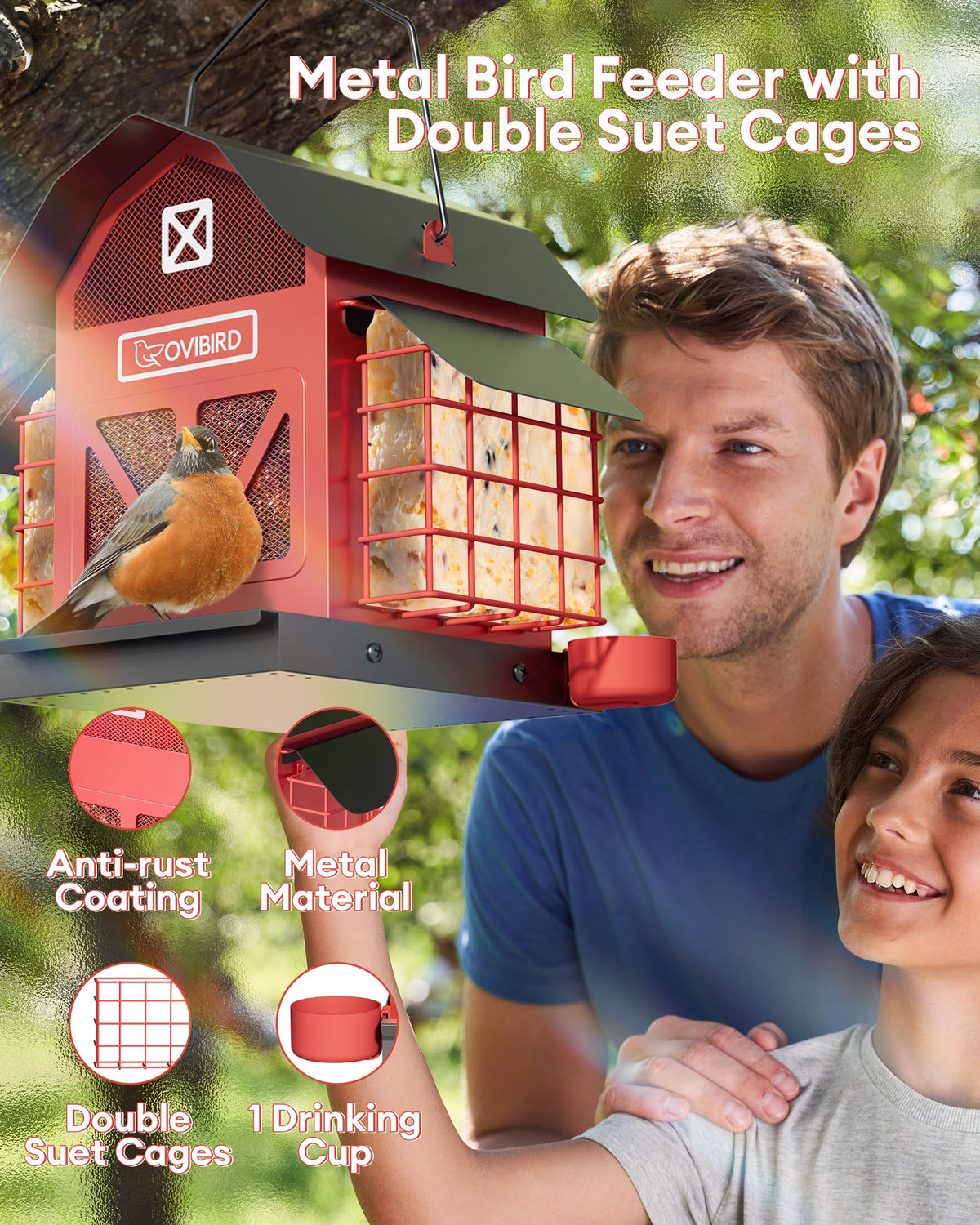OVIBIRD clear mesh panel helps monitor seed levels at a glance.