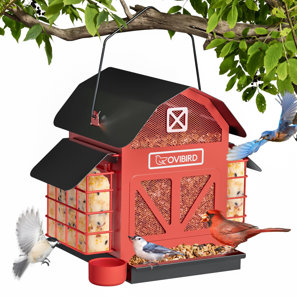 OVIBIRD red barn metal bird feeder for outdoors, weather-resistant and durable.