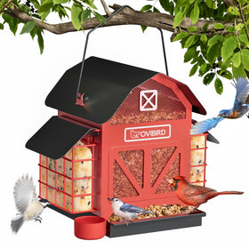 OVIBIRD red barn metal bird feeder for outdoors, weather-resistant and durable.