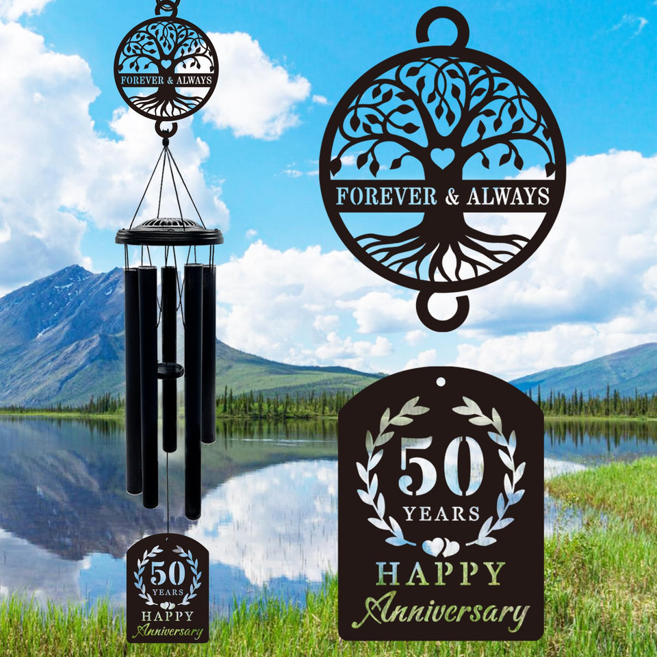 OWFCBEI Tree of Life wind chime with golden finish for garden decor and 50th anniversary.