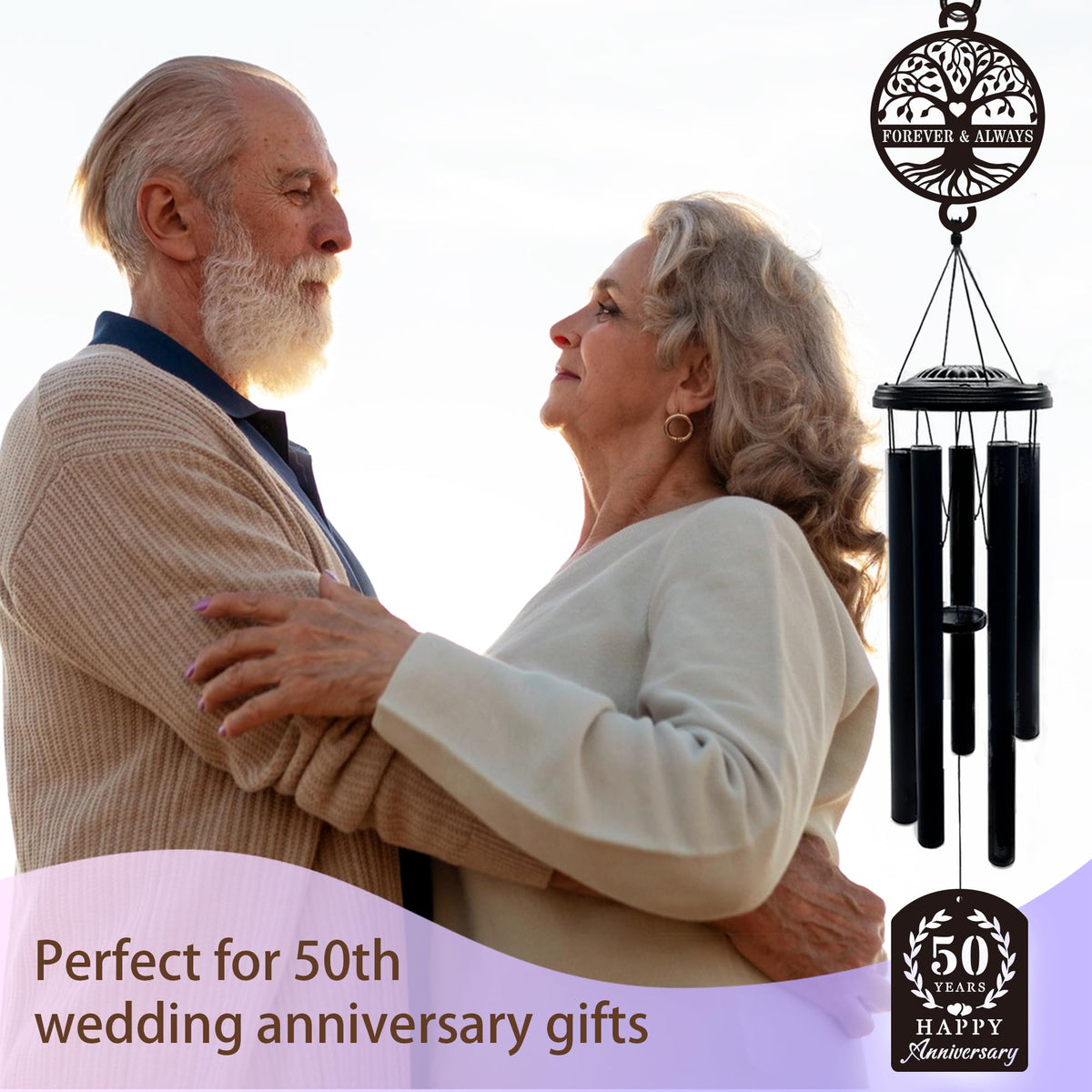 OWFCBEI wedding anniversary wind chime in gold for indoors or outdoors.