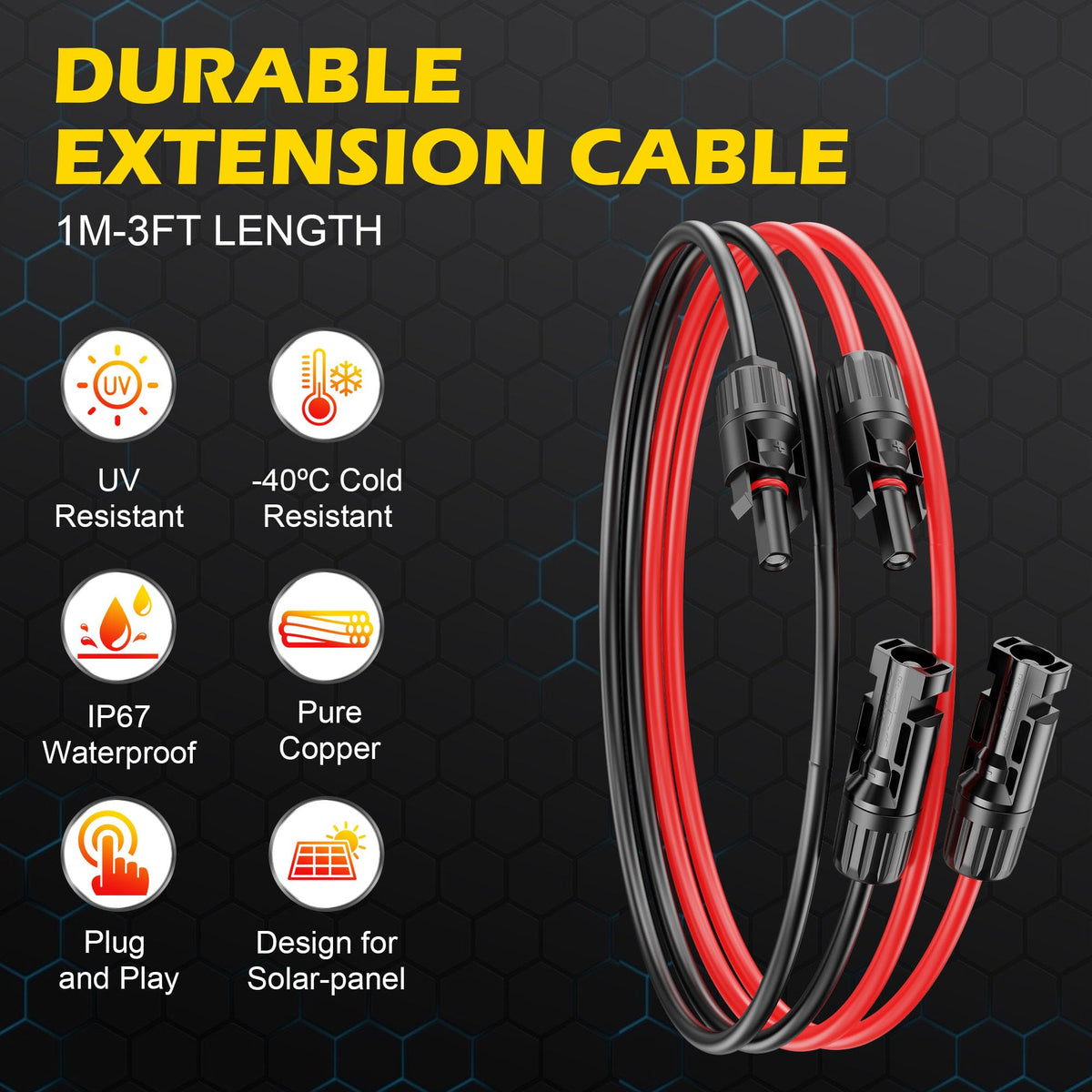 OWINUSTECH 10AWG solar extension cable enabling longer runs with low resistance.