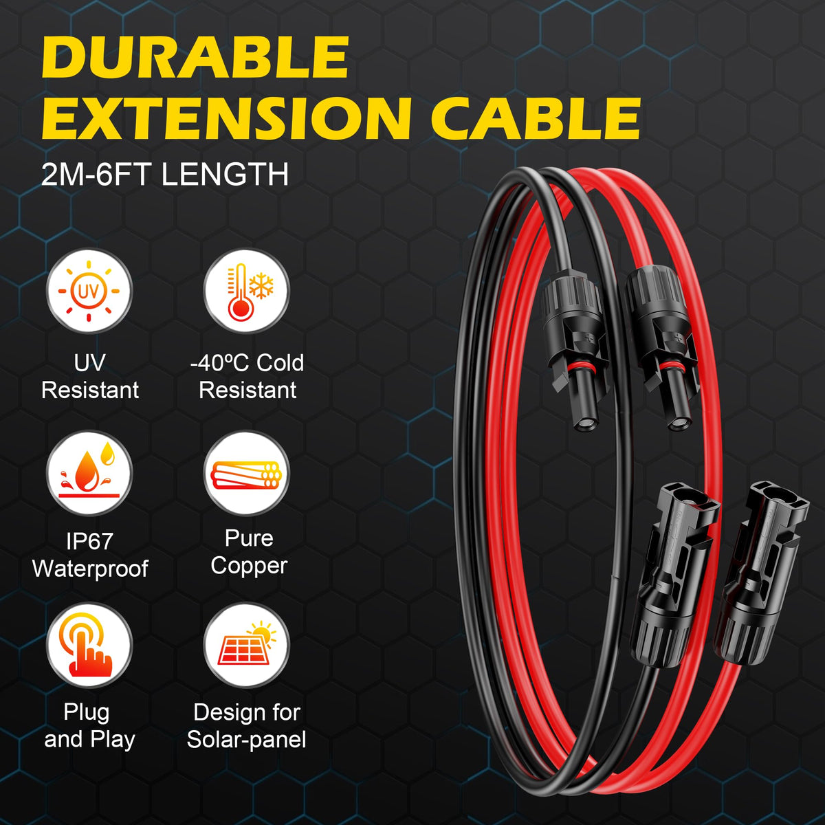 OWINUSTECH universal male and female connectors for quick plug-and-play solar connections.