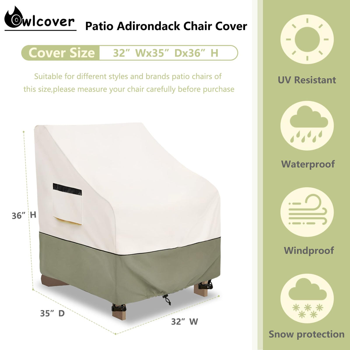 Owlcover 600D waterproof coating, side view, guards chair from rain.