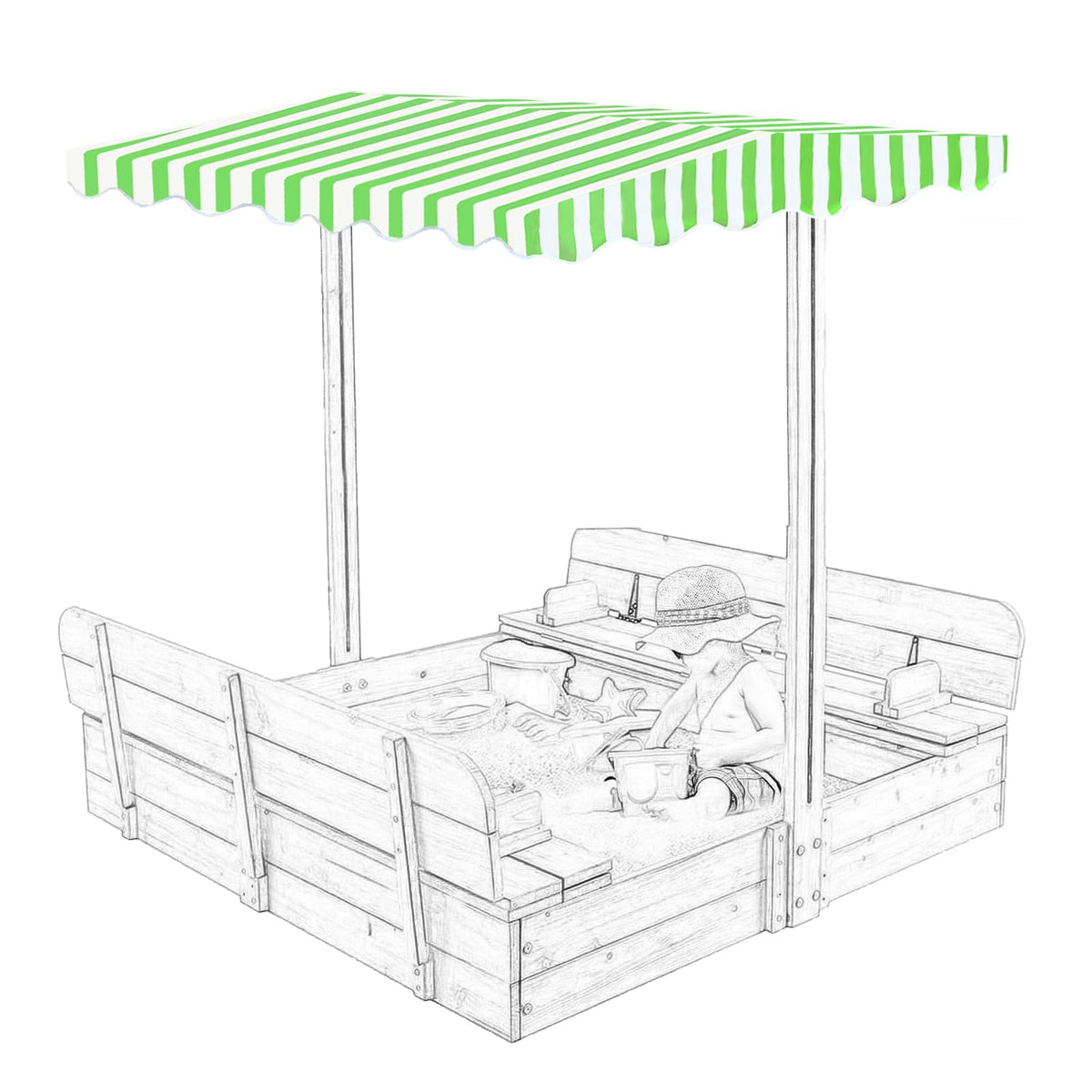 Owlcover green top canopy mounted on a 48x48 wooden sandbox, ready for sun protection