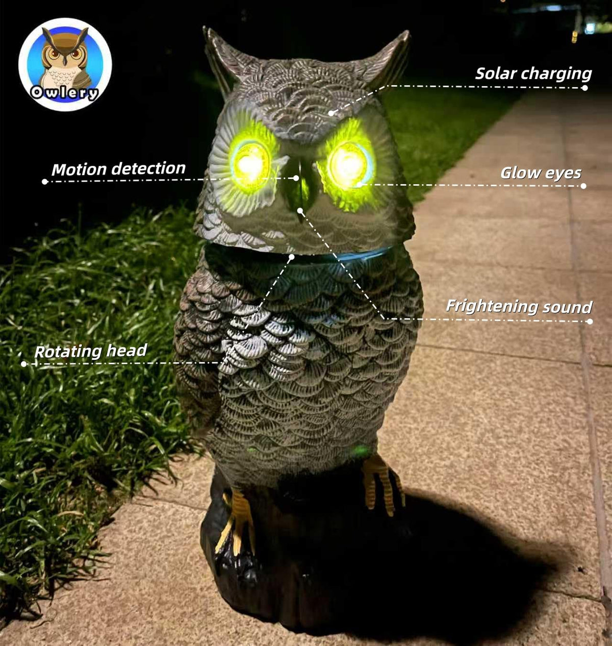Owlery Brown Solar Owl flashing eyes adds lively nighttime ambiance