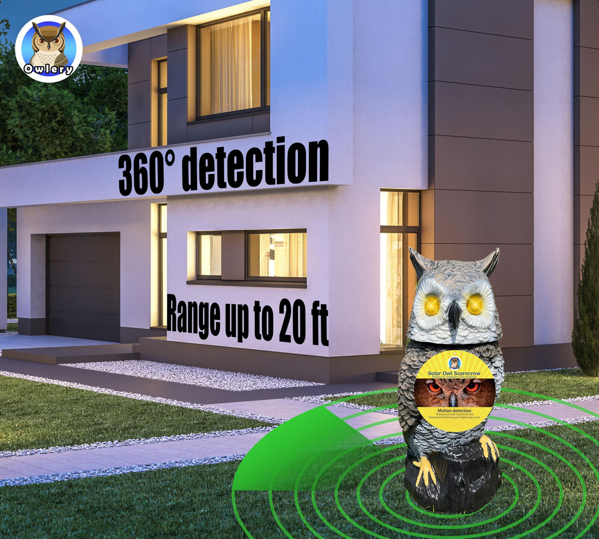 Owlery Brown Solar Owl spinning head draws attention to garden spaces