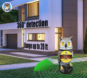 Owlery Brown Solar Owl spinning head draws attention to garden spaces