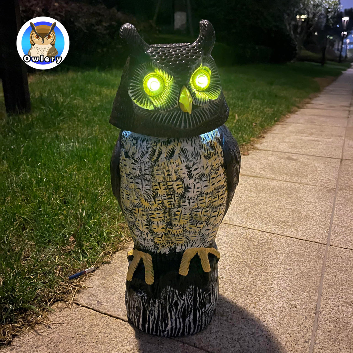 Owlery solar owl hunting hoots simulate wildlife presence.