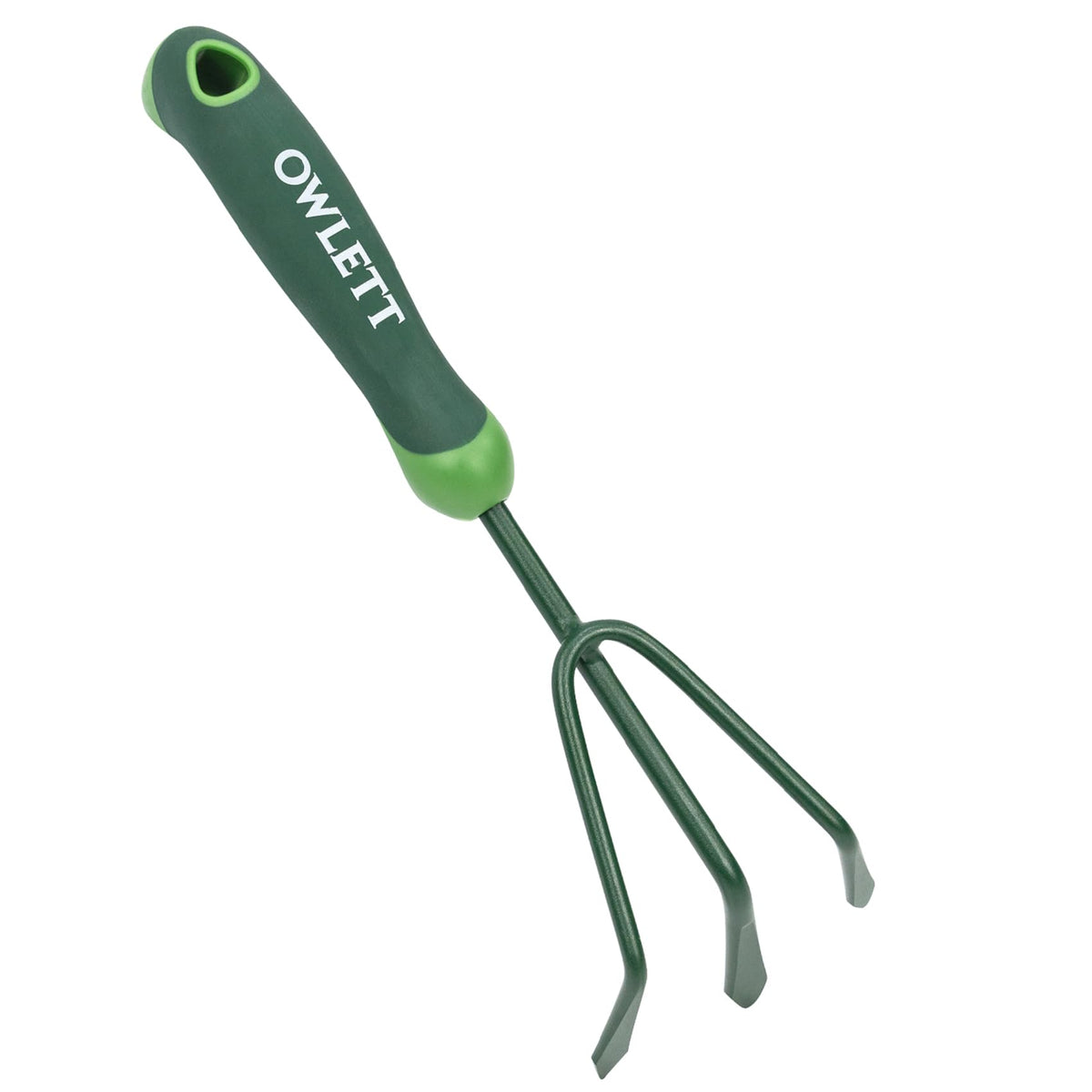 Owlett garden hand rake with a 3-prong claw for quick soil loosening