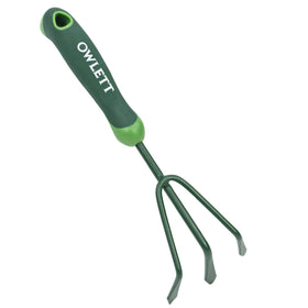 Owlett garden hand rake with a 3-prong claw for quick soil loosening