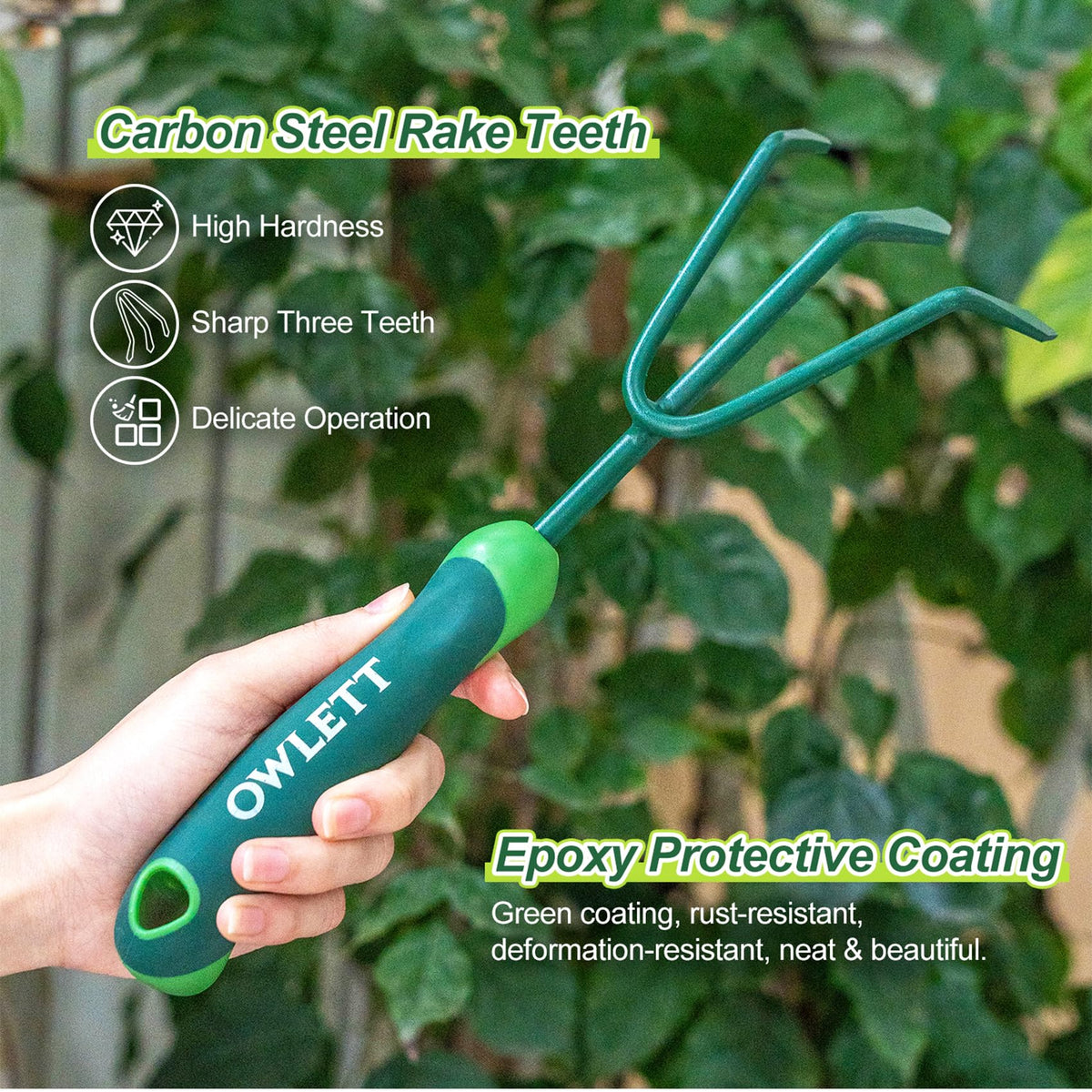 Owlett garden rake carbon steel teeth with epoxy coating resist rust and wear