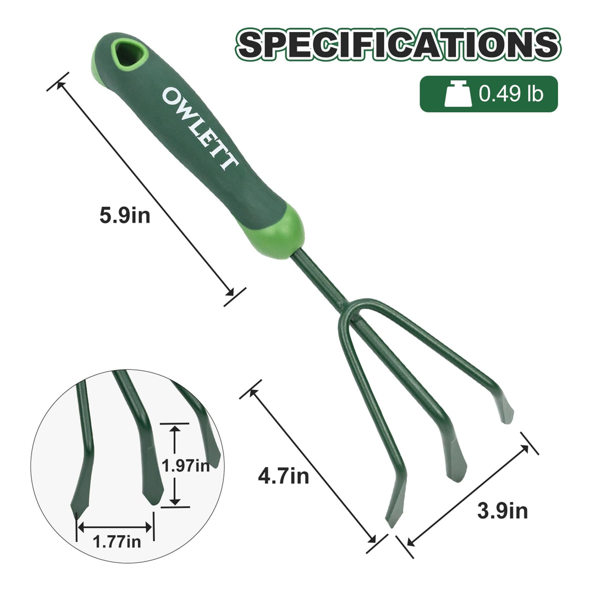 Owlett hand cultivator with ergonomic TPR handle for comfortable extended use