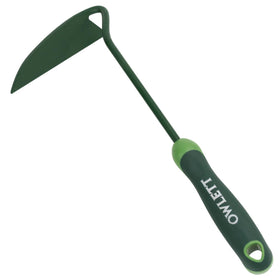 Owlett Japanese weeding sickle offset blade closeup for precise weed removal.